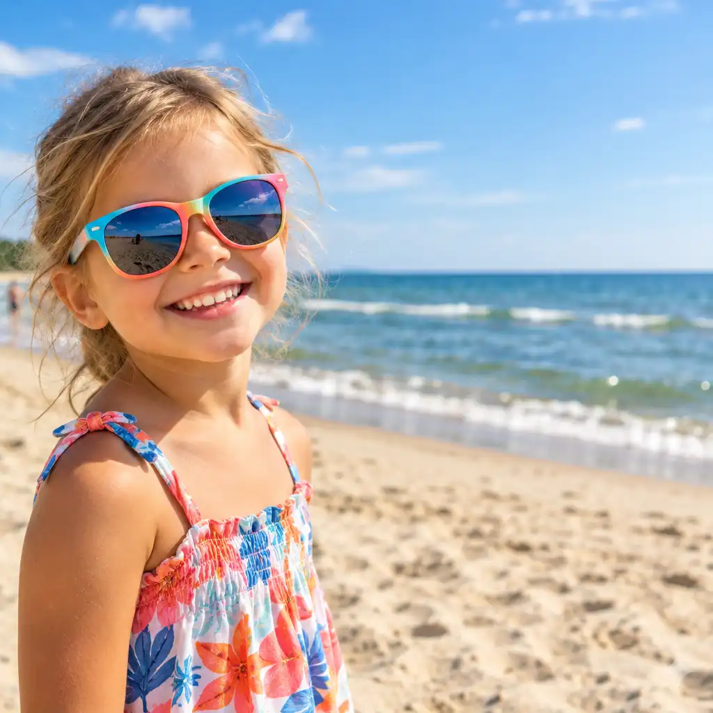 Uśmiechnięte dziecko w okularach przeciwsłonecznych na plaży nad Bałtykiem
