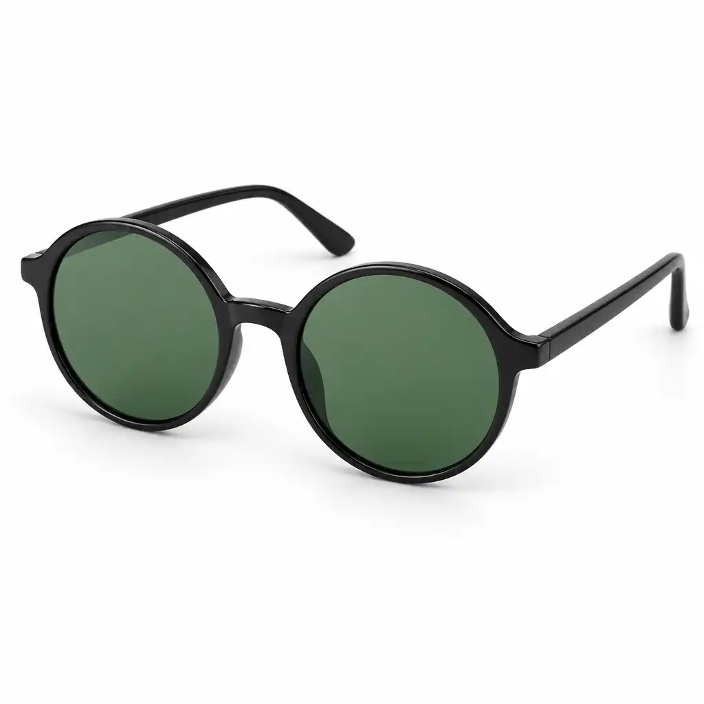 Okrągłe okulary przeciwsłoneczne damskie Round Retro, czarne oprawki, zielone soczewki
